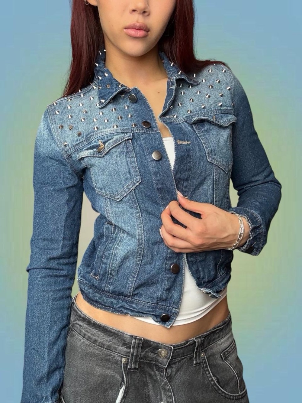 Women's Blue Studded Denim Jacket - Classic Jean Jacket